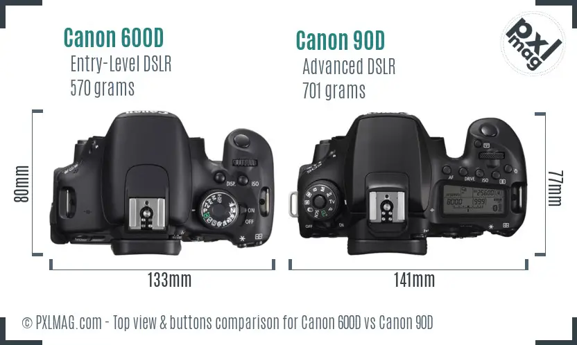 Canon 600D vs Canon 90D top view buttons comparison Canon 600D vs Canon 90D top view buttons comparison