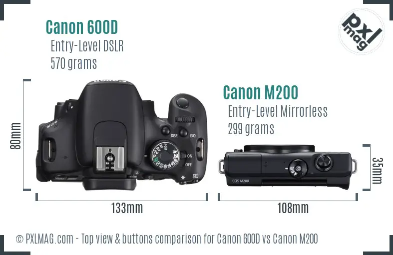 Canon 600D vs Canon M200 top view buttons comparison Canon 600D vs Canon M200 top view buttons comparison
