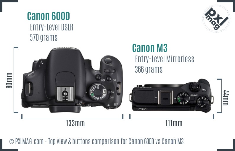 Canon 600D vs Canon M3 top view buttons comparison