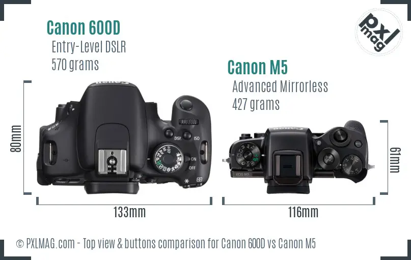 Canon 600D vs Canon M5 top view buttons comparison Canon 600D vs Canon M5 top view buttons comparison