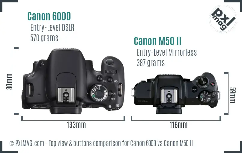 Canon 600D vs Canon M50 II top view buttons comparison