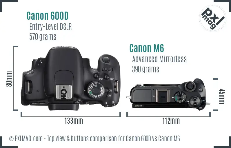 Canon 600D vs Canon M6 top view buttons comparison