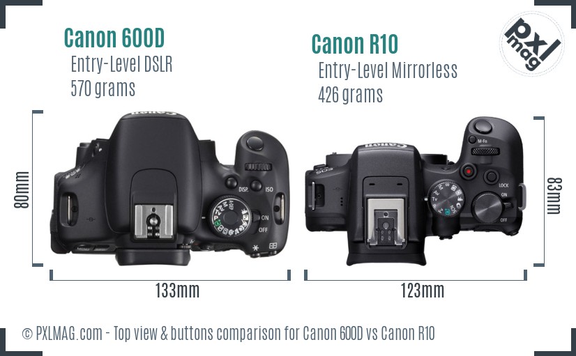 Canon 600D vs Canon R10 top view buttons comparison