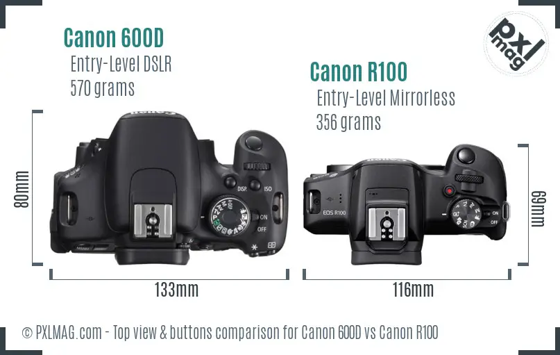 Canon 600D vs Canon R100 top view buttons comparison