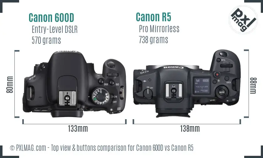 Canon 600D vs Canon R5 top view buttons comparison