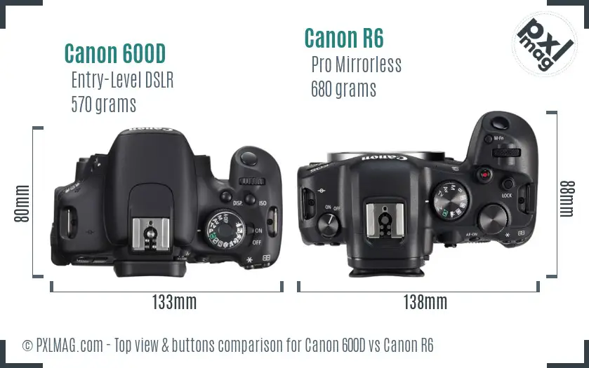 Canon 600D vs Canon R6 top view buttons comparison Canon 600D vs Canon R6 top view buttons comparison