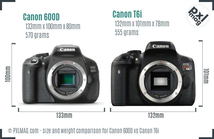 Canon 600D vs Canon T6i size comparison