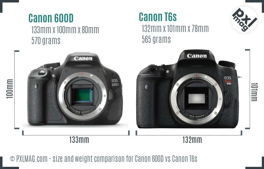 Canon 600D vs Canon T6s size comparison