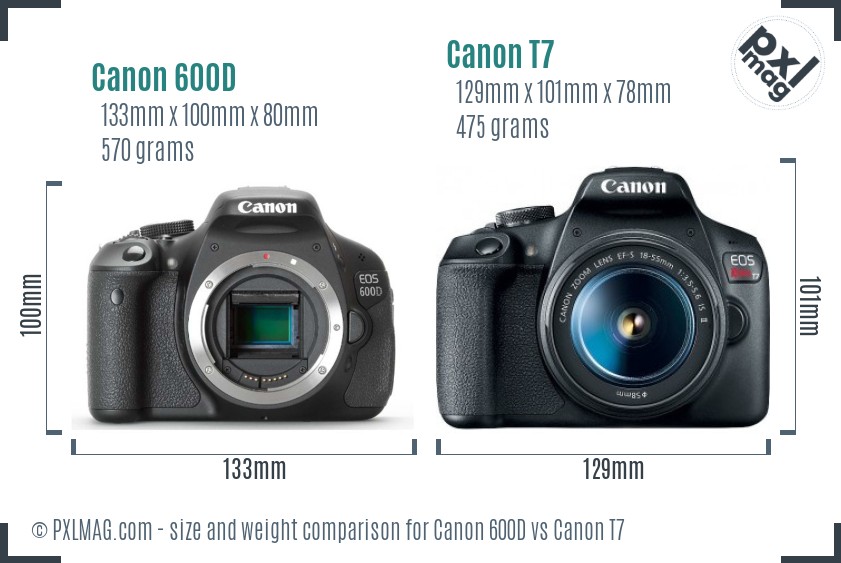 Canon 600D vs Canon T7 size comparison