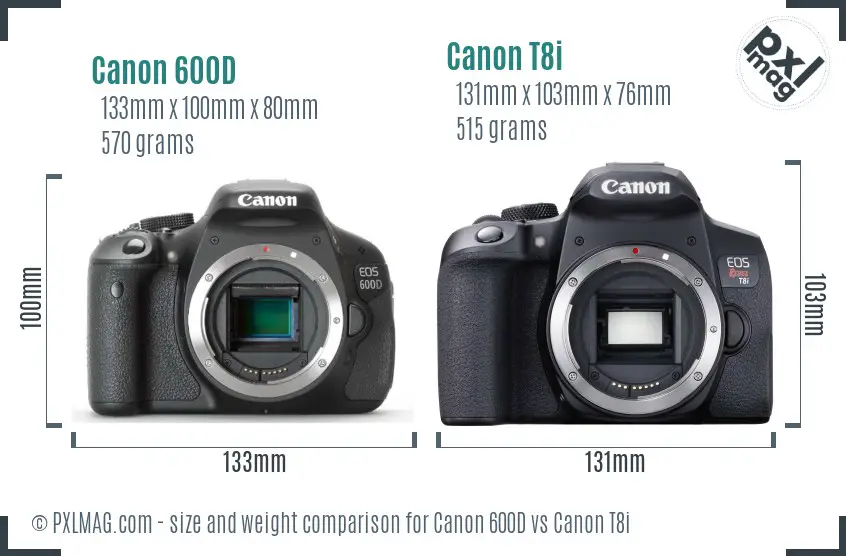 Canon 600D vs Canon T8i size comparison