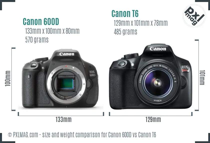 Canon 600D vs Canon T6 size comparison