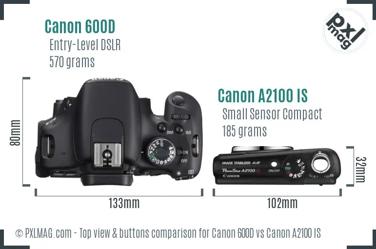 Canon 600D vs Canon A2100 IS top view buttons comparison
