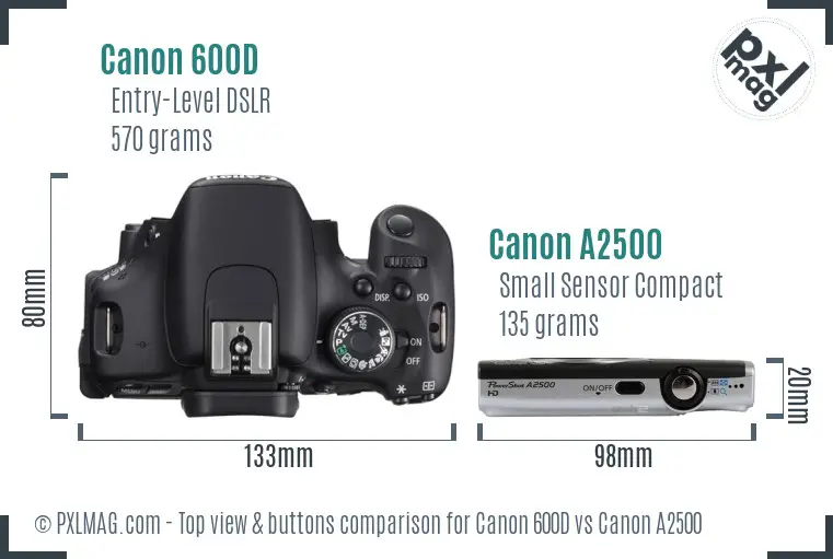 Canon 600D vs Canon A2500 top view buttons comparison