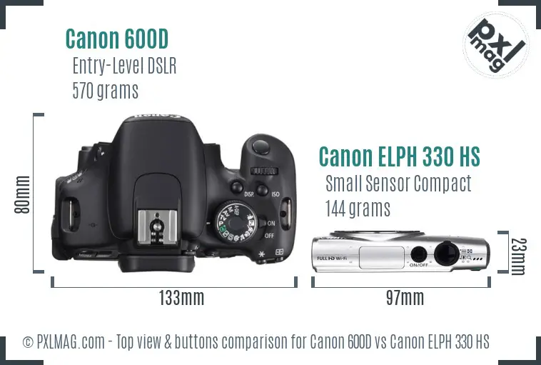 Canon 600D vs Canon ELPH 330 HS top view buttons comparison