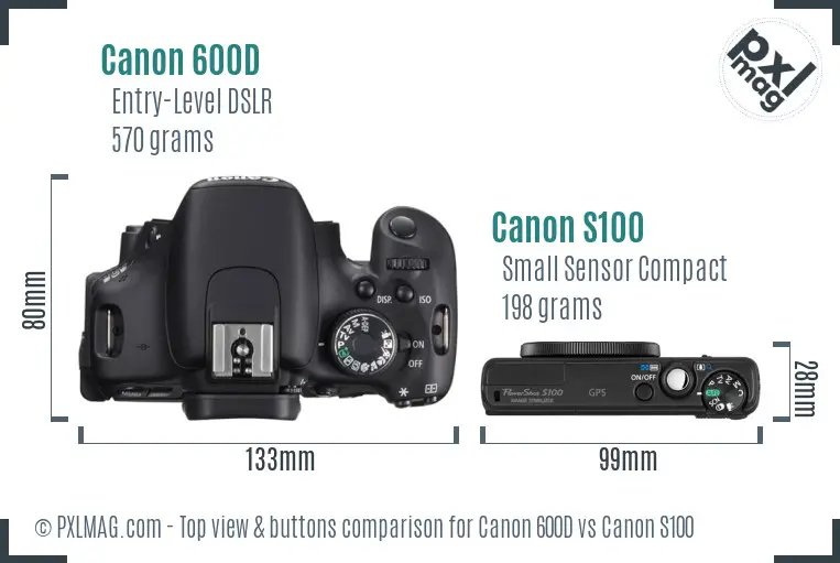 Canon 600D vs Canon S100 top view buttons comparison