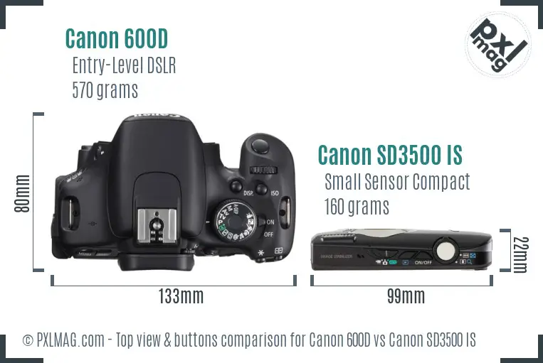 Canon 600D vs Canon SD3500 IS top view buttons comparison