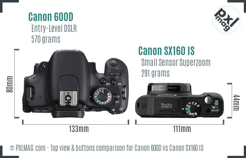 Canon 600D vs Canon SX160 IS top view buttons comparison Canon 600D vs Canon SX160 IS top view buttons comparison