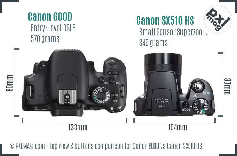 Canon 600D vs Canon SX510 HS top view buttons comparison Canon 600D vs Canon SX510 HS top view buttons comparison