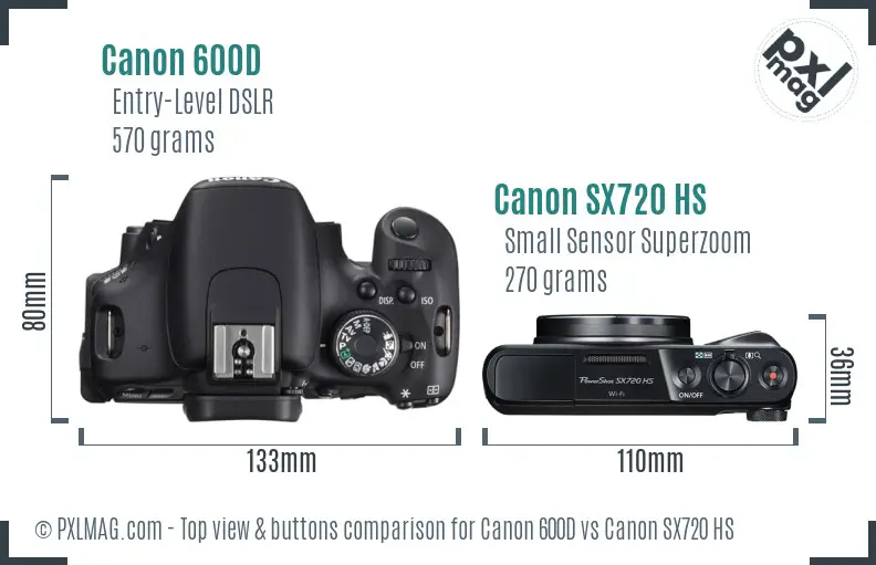 Canon 600D vs Canon SX720 HS top view buttons comparison
