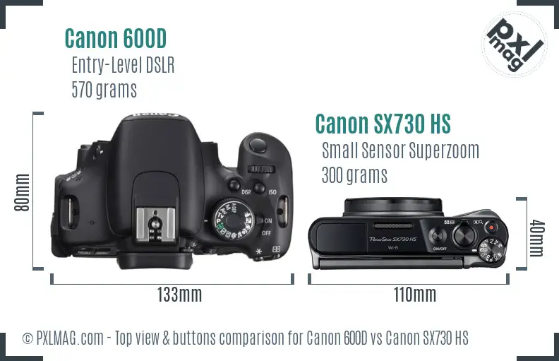Canon 600D vs Canon SX730 HS top view buttons comparison Canon 600D vs Canon SX730 HS top view buttons comparison