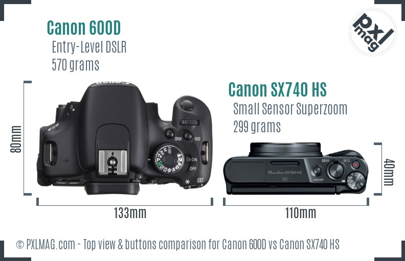 Canon 600D vs Canon SX740 HS top view buttons comparison