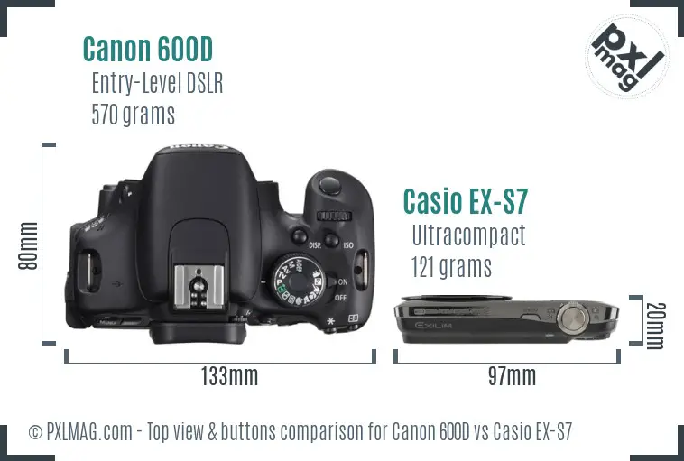 Canon 600D vs Casio EX-S7 top view buttons comparison Canon 600D vs Casio EX-S7 top view buttons comparison
