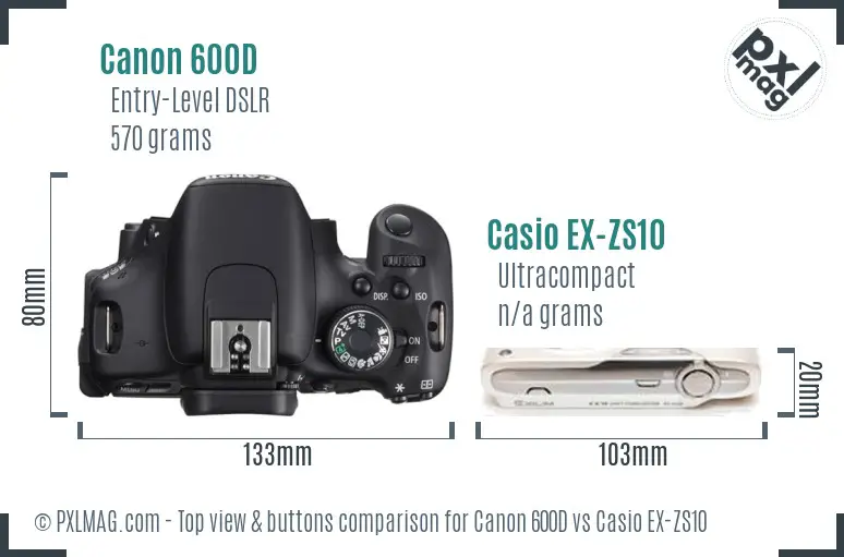 Canon 600D vs Casio EX-ZS10 top view buttons comparison