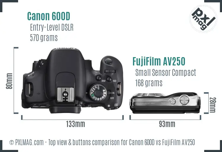 Canon 600D vs FujiFilm AV250 top view buttons comparison