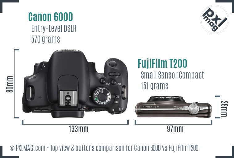 Canon 600D vs FujiFilm T200 top view buttons comparison