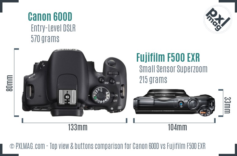 Canon 600D vs Fujifilm F500 EXR top view buttons comparison