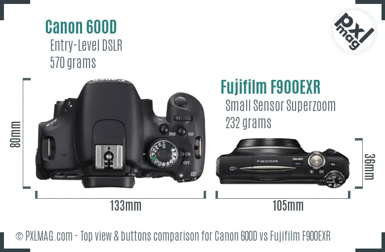 Canon 600D vs Fujifilm F900EXR top view buttons comparison Canon 600D vs Fujifilm F900EXR top view buttons comparison