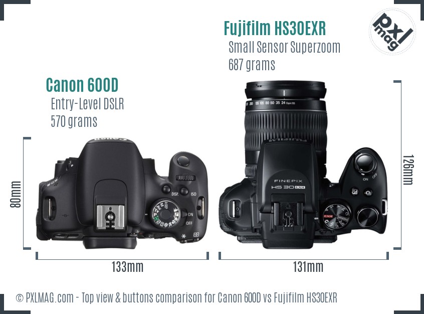 Canon 600D vs Fujifilm HS30EXR top view buttons comparison