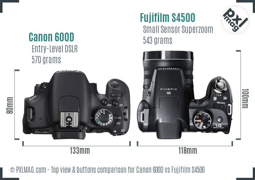 Canon 600D vs Fujifilm S4500 top view buttons comparison