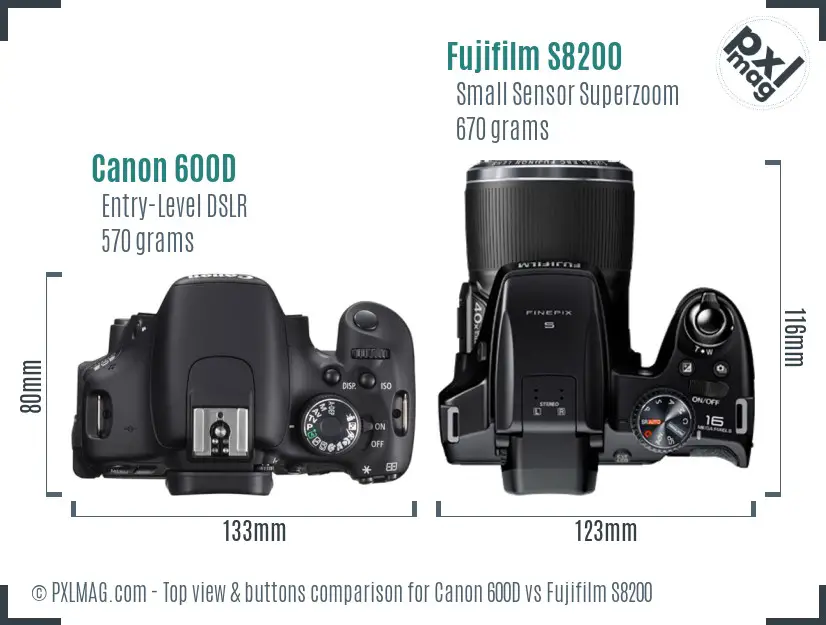 Canon 600D vs Fujifilm S8200 top view buttons comparison