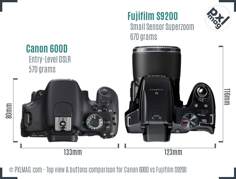 Canon 600D vs Fujifilm S9200 top view buttons comparison