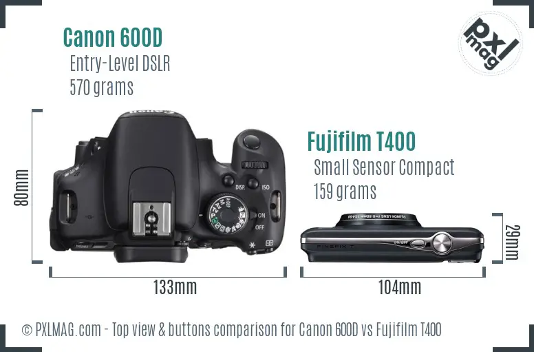 Canon 600D vs Fujifilm T400 top view buttons comparison Canon 600D vs Fujifilm T400 top view buttons comparison