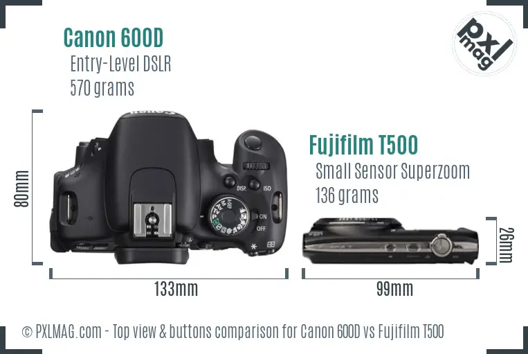 Canon 600D vs Fujifilm T500 top view buttons comparison