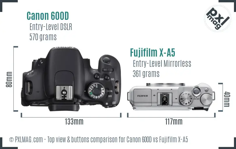 Canon 600D vs Fujifilm X-A5 top view buttons comparison