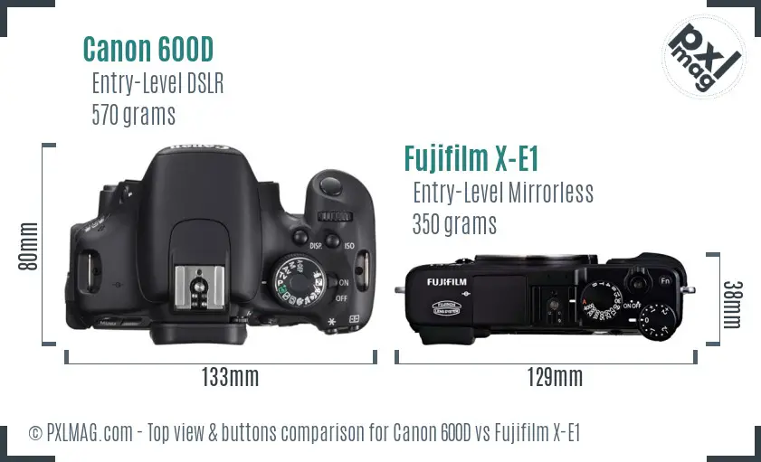 Canon 600D vs Fujifilm X-E1 top view buttons comparison