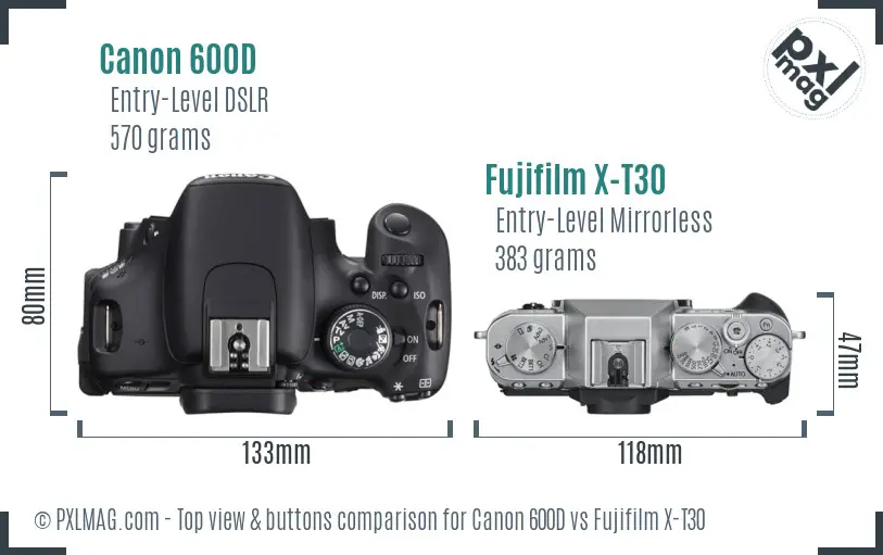 Canon 600D vs Fujifilm X-T30 top view buttons comparison Canon 600D vs Fujifilm X-T30 top view buttons comparison