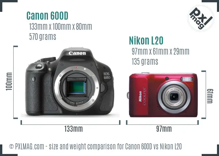 Canon 600D vs Nikon L20 size comparison