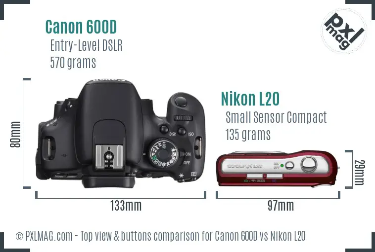 Canon 600D vs Nikon L20 top view buttons comparison