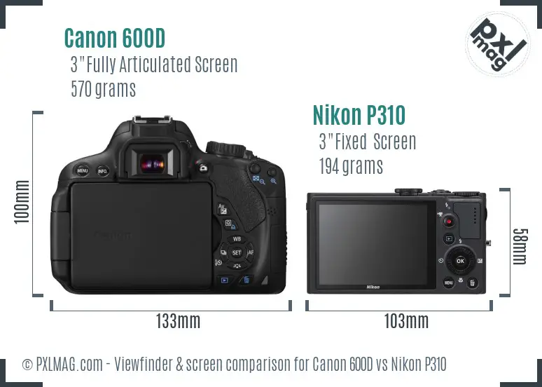 Canon 600D vs Nikon P310 Screen and Viewfinder comparison
