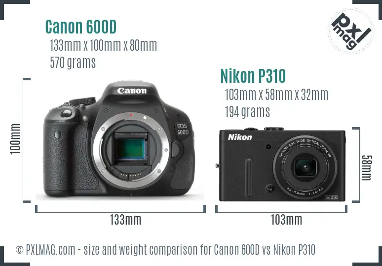 Canon 600D vs Nikon P310 size comparison