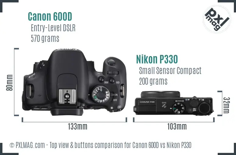 Canon 600D vs Nikon P330 top view buttons comparison