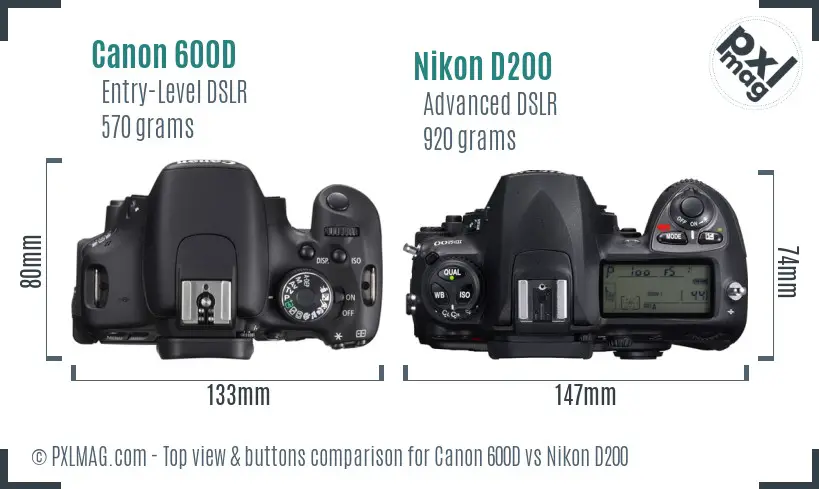 Canon 600D vs Nikon D200 top view buttons comparison