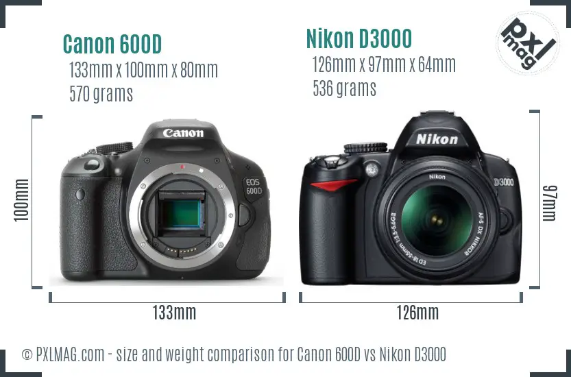 Canon 600D vs Nikon D3000 size comparison