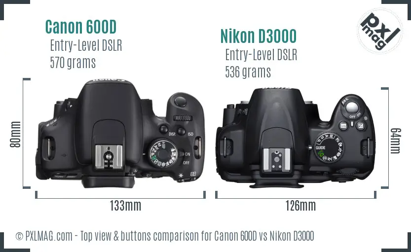 Canon 600D vs Nikon D3000 top view buttons comparison