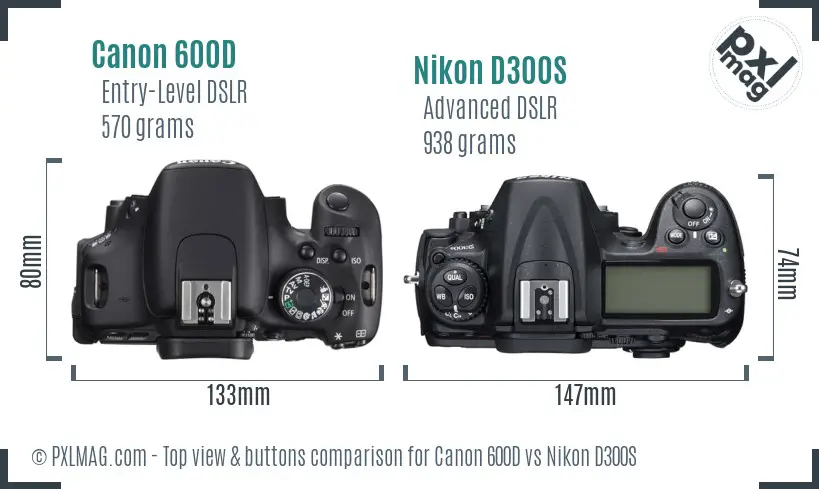 Canon 600D vs Nikon D300S top view buttons comparison Canon 600D vs Nikon D300S top view buttons comparison