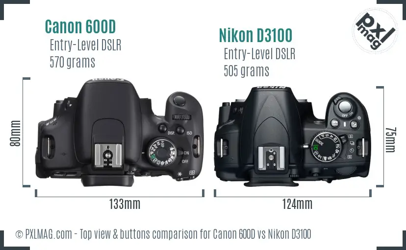 Canon 600D vs Nikon D3100 top view buttons comparison